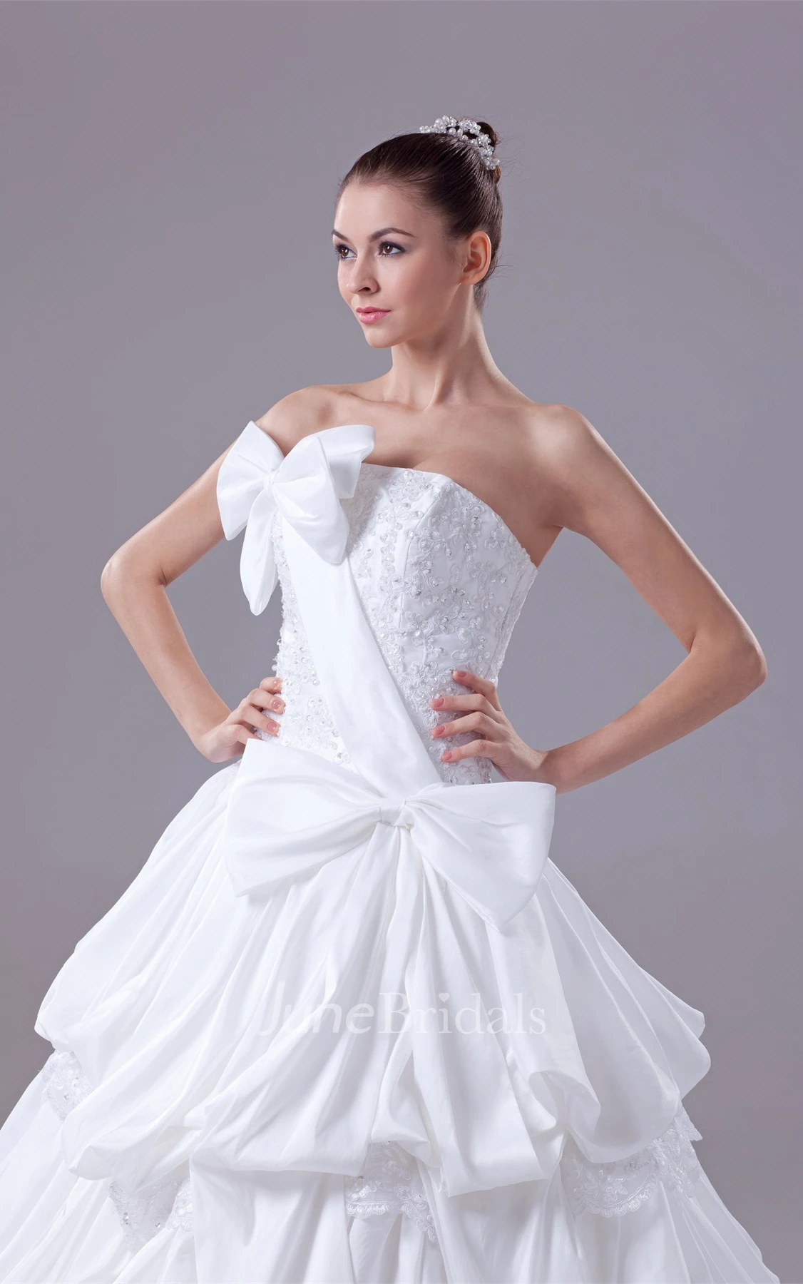 Strapless Pick-Up Tiered Ball Gown with Appliques and Bow