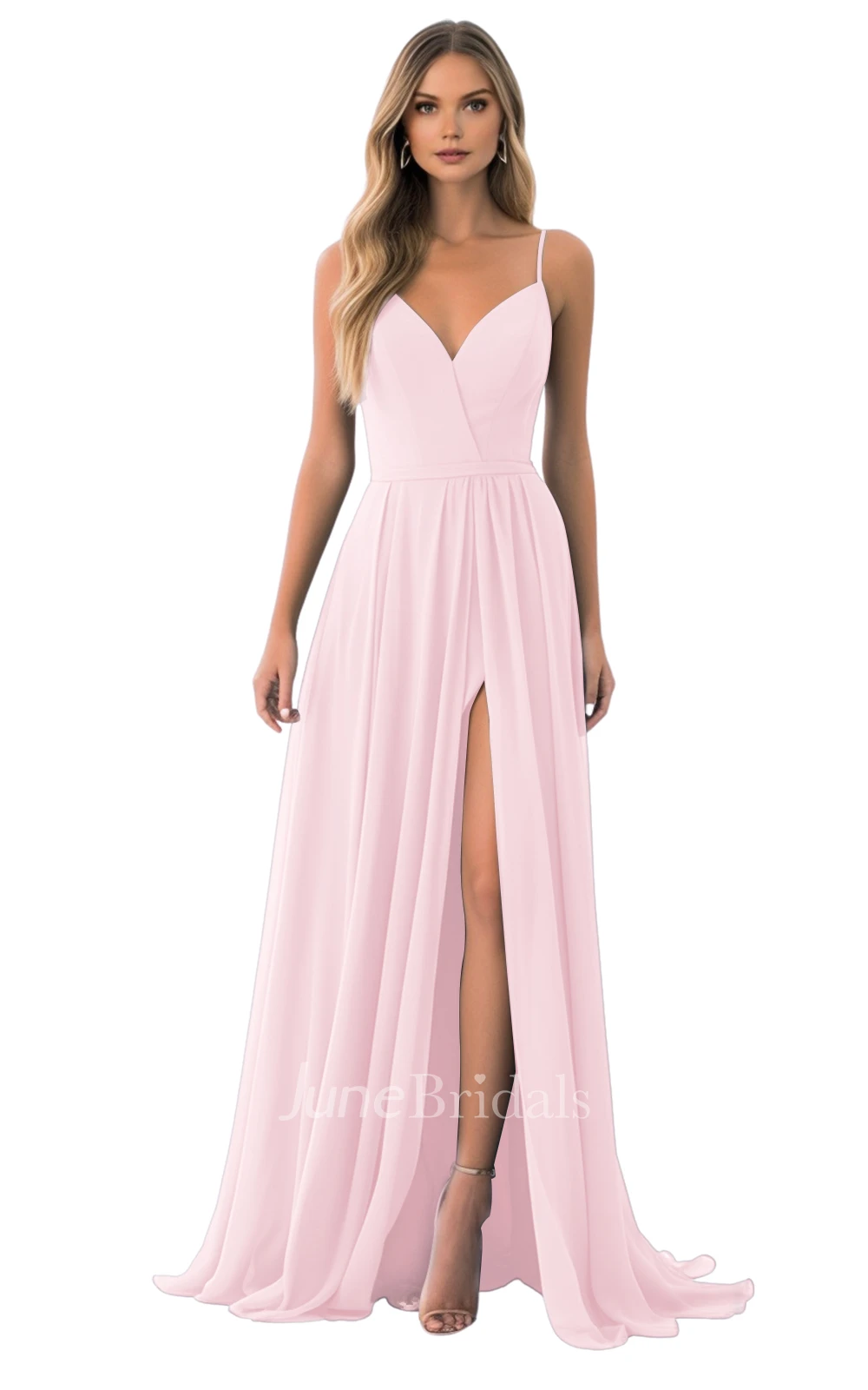 Elegant A-Line Spaghetti Chiffon Bridesmaid Dress with Split Front