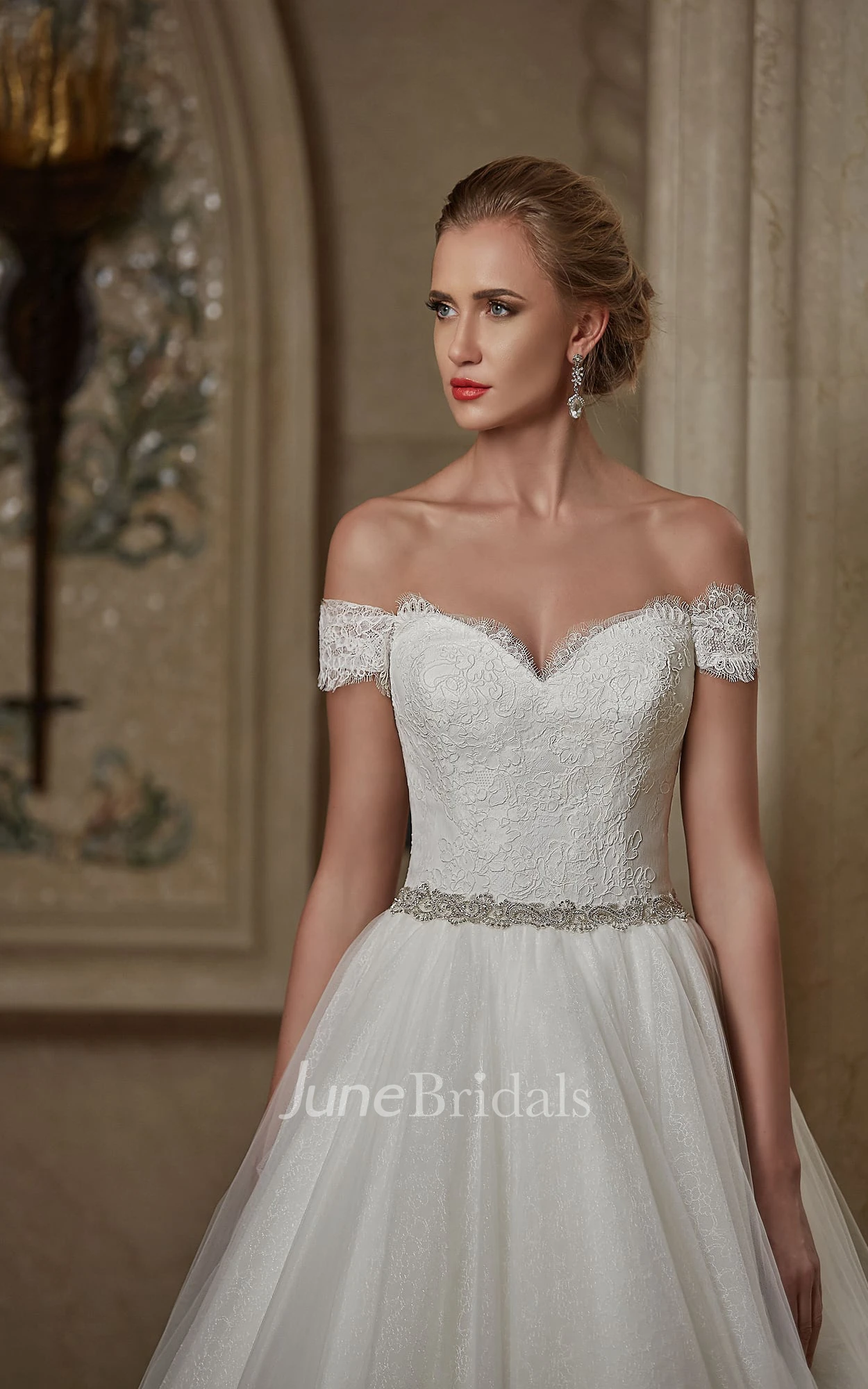 A-line Off-the-shoulder Sweetheart V Back Lace Dress With Crystal Detailing 