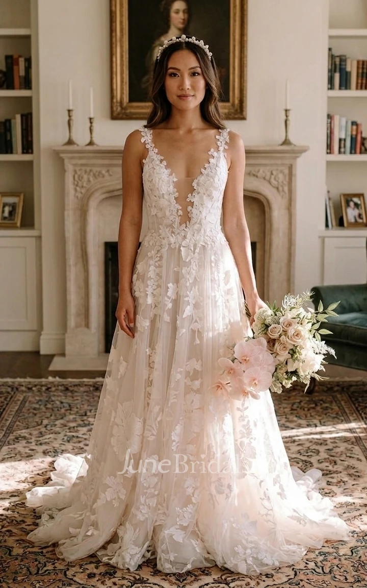 Boho Floral Lace A-Line Wedding Dress Sleeveless Plunging V-Neck Bridal Gown with Open Back