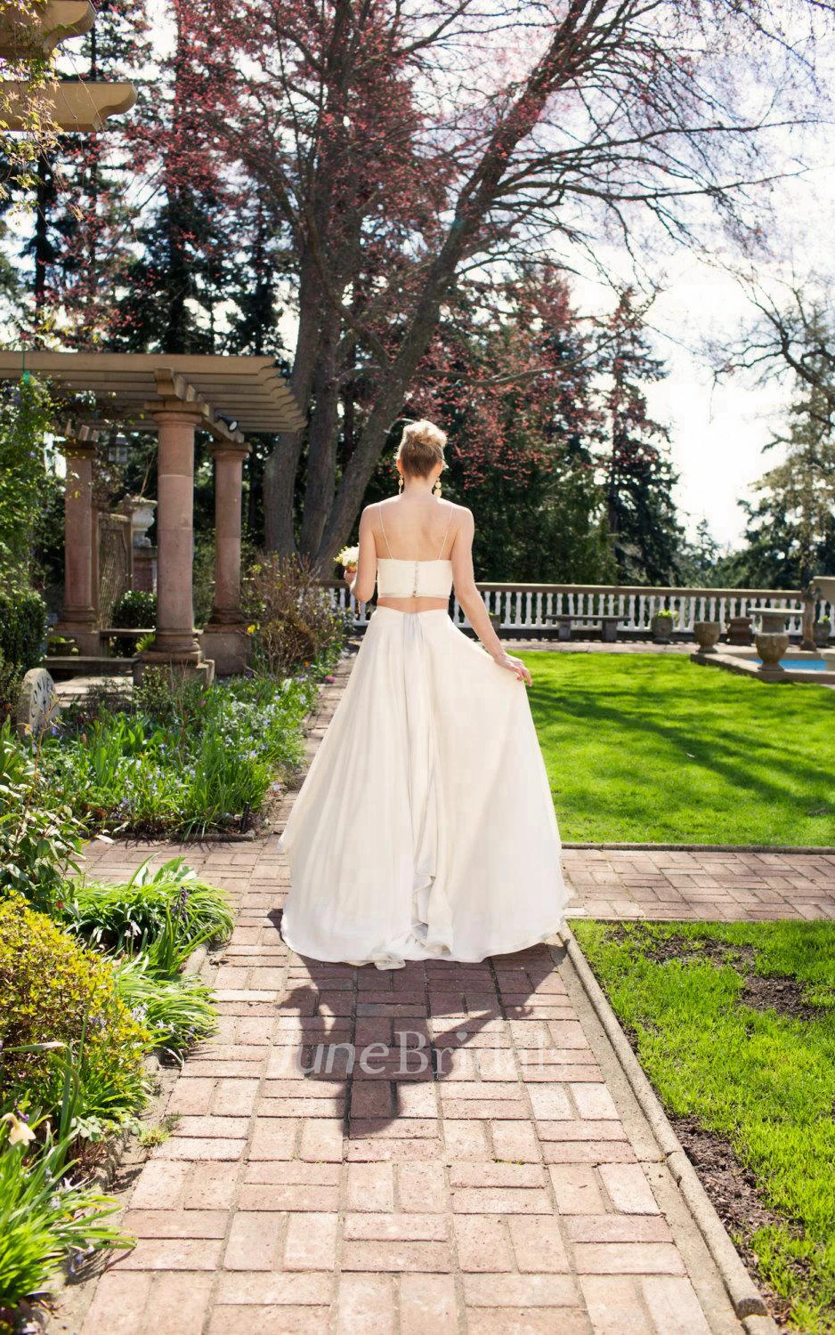 Two Piece High-Low Chiffon Wedding Dress With Crop Top