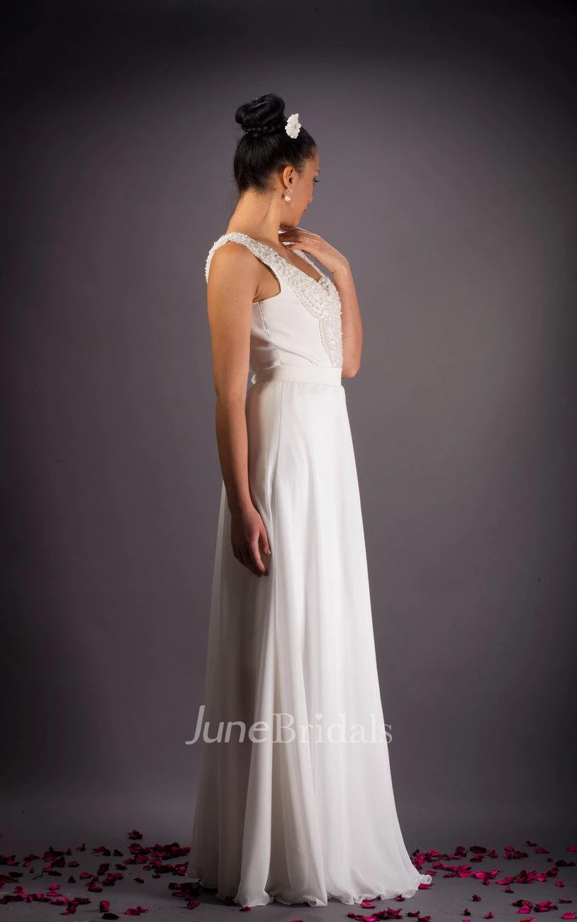 V-Neck Lace Weddig Dress With Flower