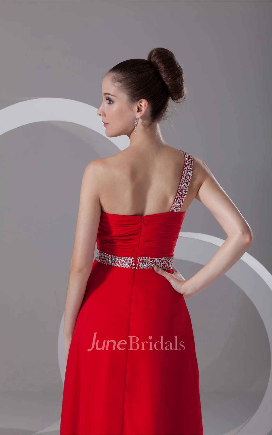 one-shoulder ankle-length chiffon dress with cross beading and ruching