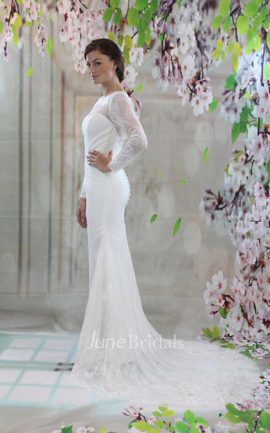 Bateau Neck Long Sleeve Lace Wedding Dress With V-Back