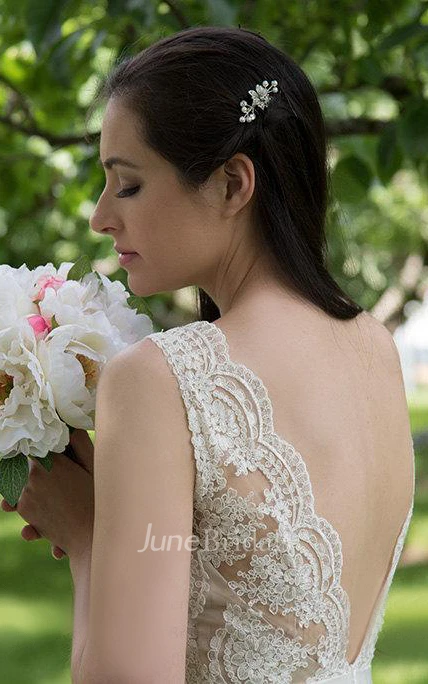 Illusion V-Neck A-Line Tulle Wedding Dress With Tulle Skirt.