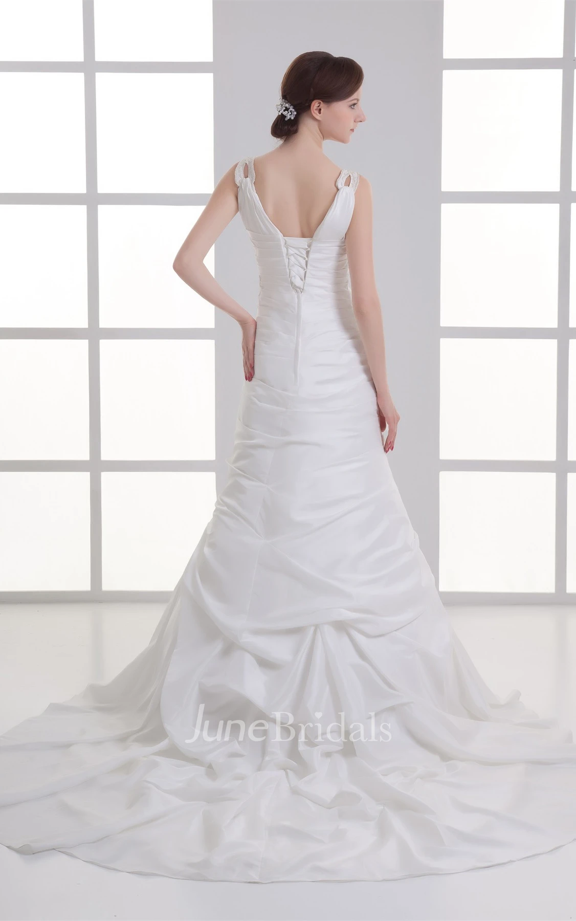 strapped a-line column gown with ruffle and strass