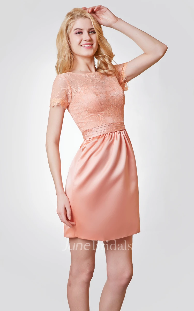 Illusion Short Sleeve Short Lace and Satin Dress