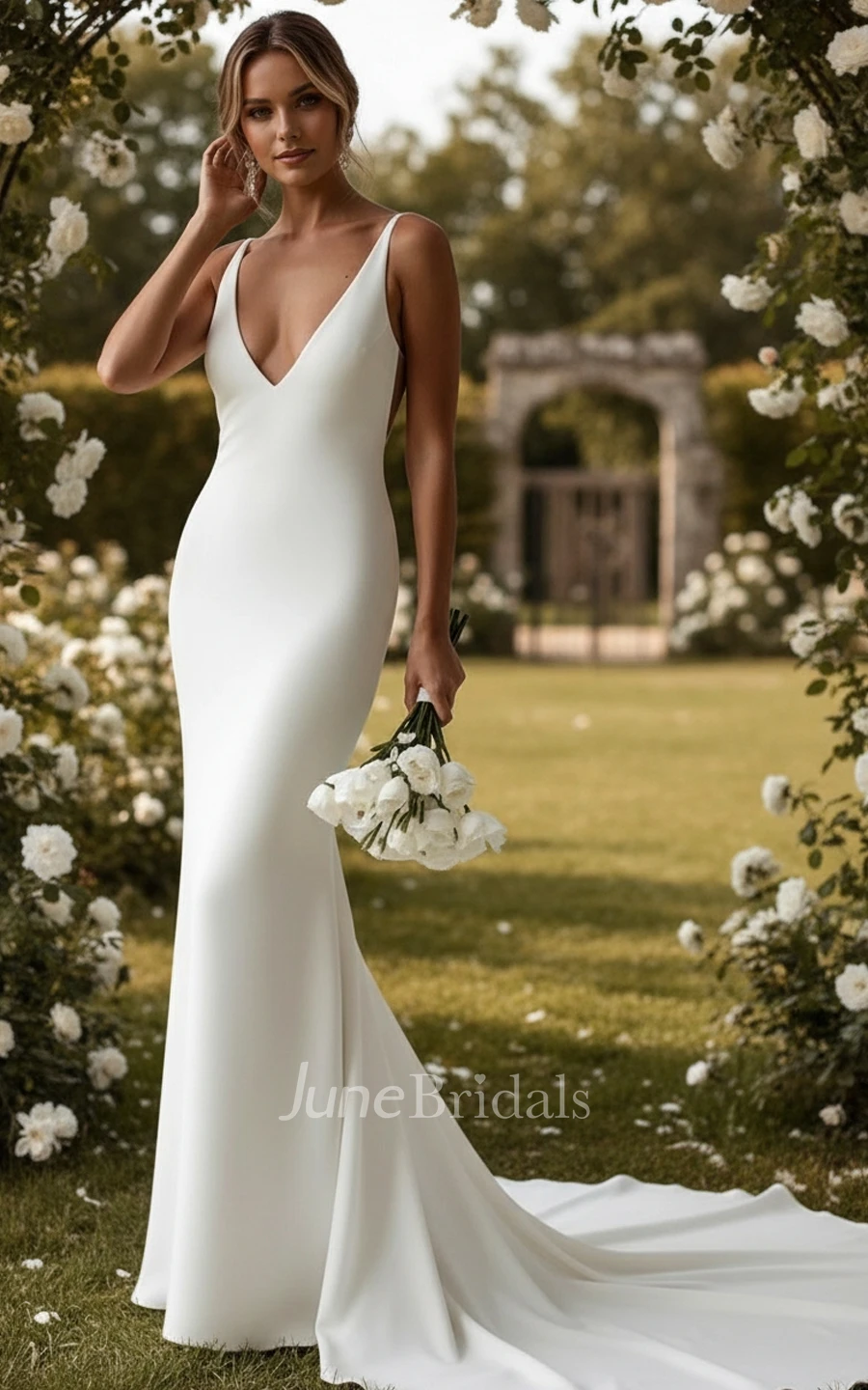 Minimalist Satin Mermaid Wedding Dress V-Neck Backless Bridal Gown