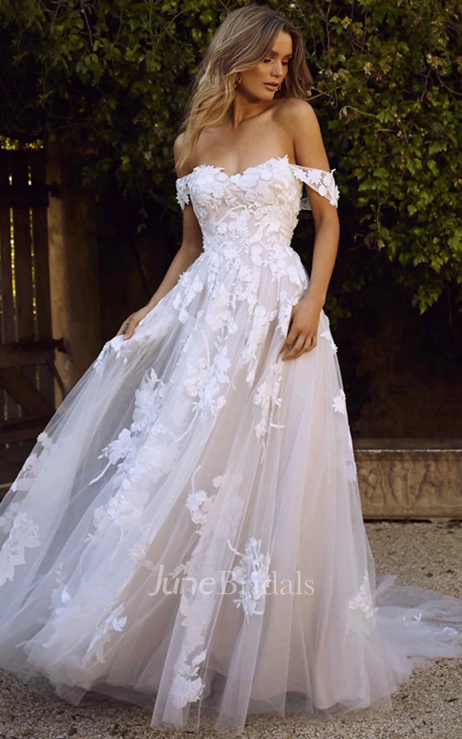 Sexy Off-the-Shoulder Boho Lace Beach Wedding Dress Elegant A-Line Floor- Length Lace Tulle Bridal Gown with Court Train - June Bridals