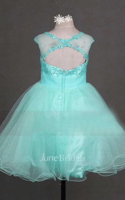 Cap Sleeve Jewel Neck Tulle Dress With Beadings and Illusion