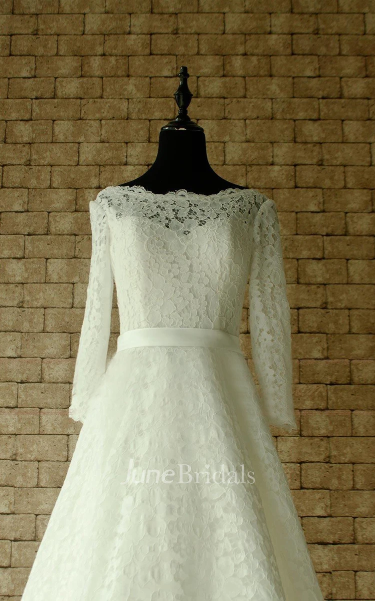 Lace Wedding Sheer Neckline With Sleeves Tea Length Garden Bridal Dress