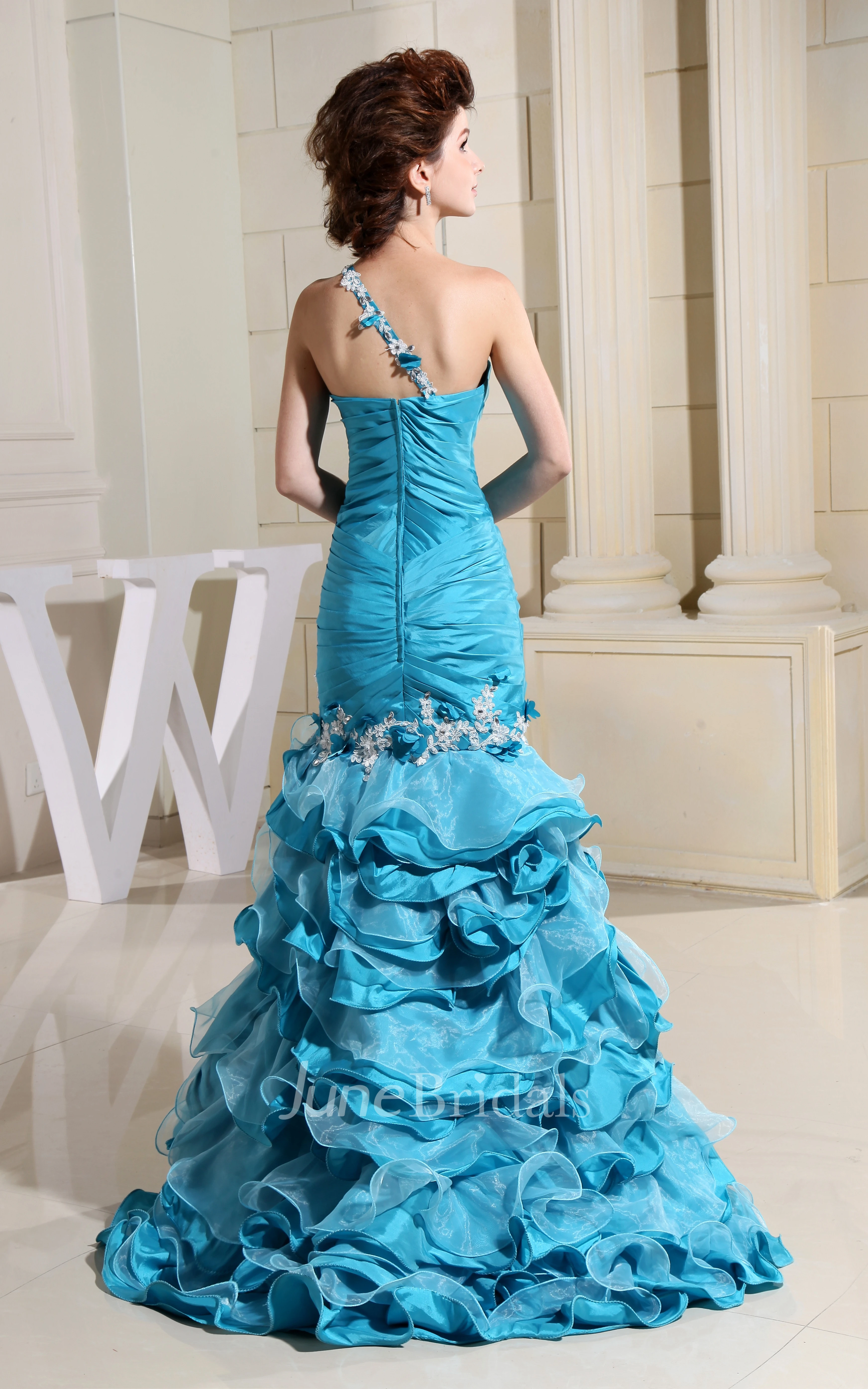 Delicate Satin High-Low Dress With Pick-Up Ruffles and Appliques