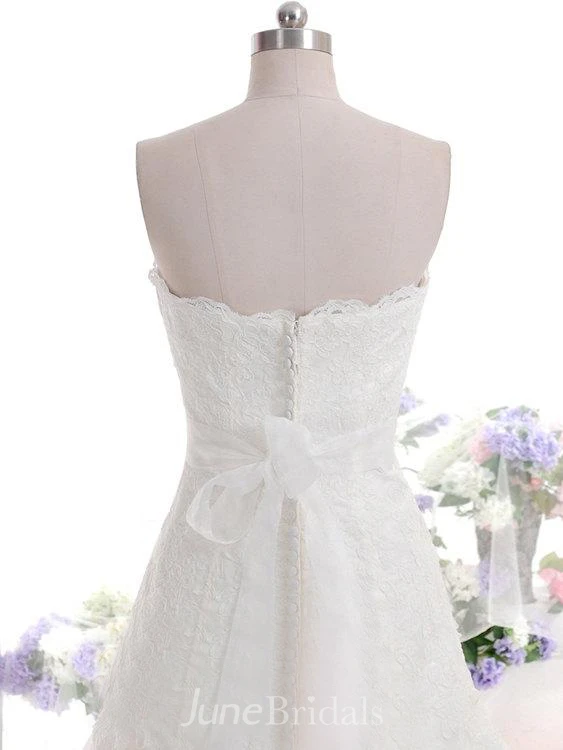 Beautiful Strapless Straight Neckline Trumpet Style Lace Wedding Dress With Beaded Sash