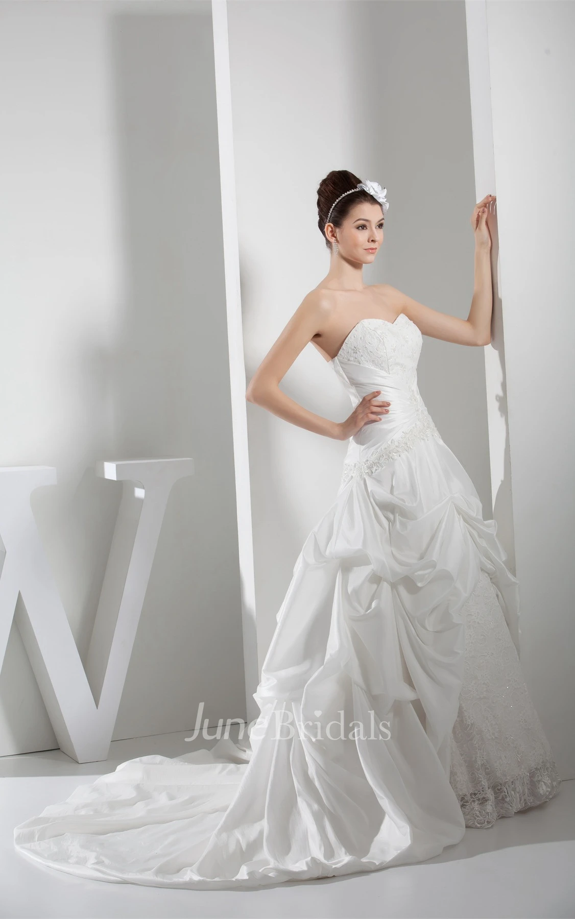 Sweetheart Pick-Up Appliqued Ball Gown with Ruching and Court Train