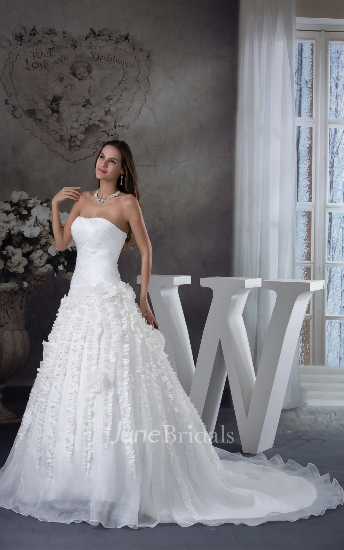 Strapless Criss-Cross A-Line Satin Bodice Dress with Flowers and Tulle Overlay