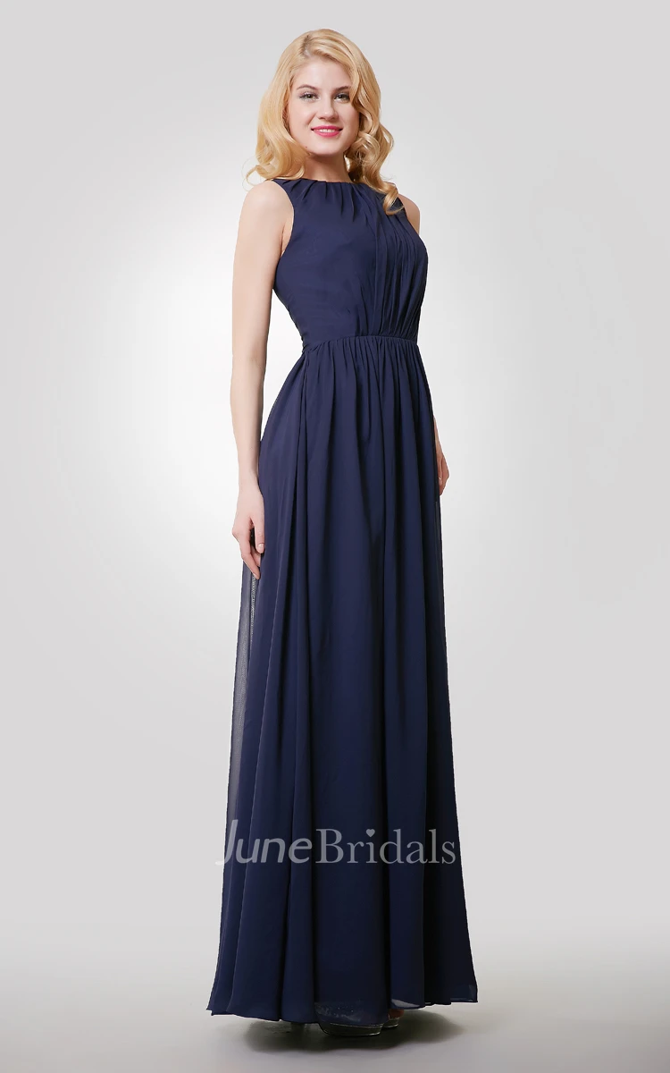 Sleeveless Chiffon Pleated Floor Length Dress With Keyhole Back