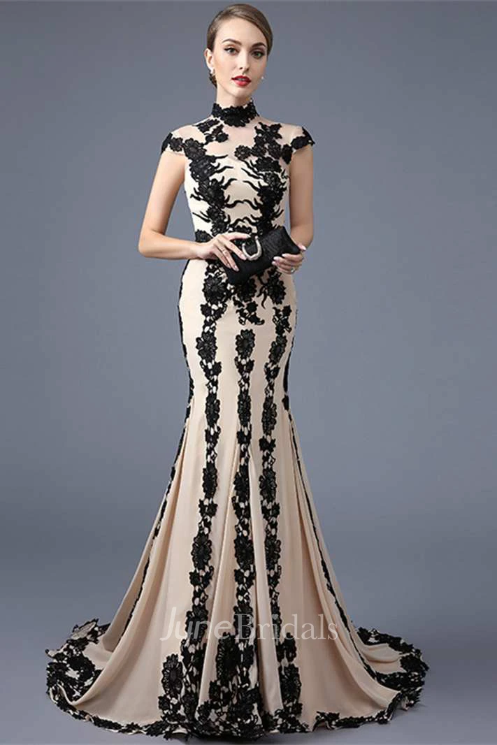 Cap Sleeve High Neck Mermaid Long Lace Dress 