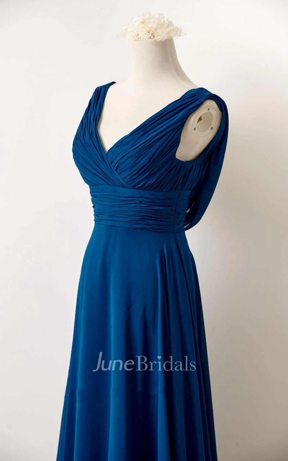 Floor-length V-neck Chiffon Dress With Ruching and Pleating