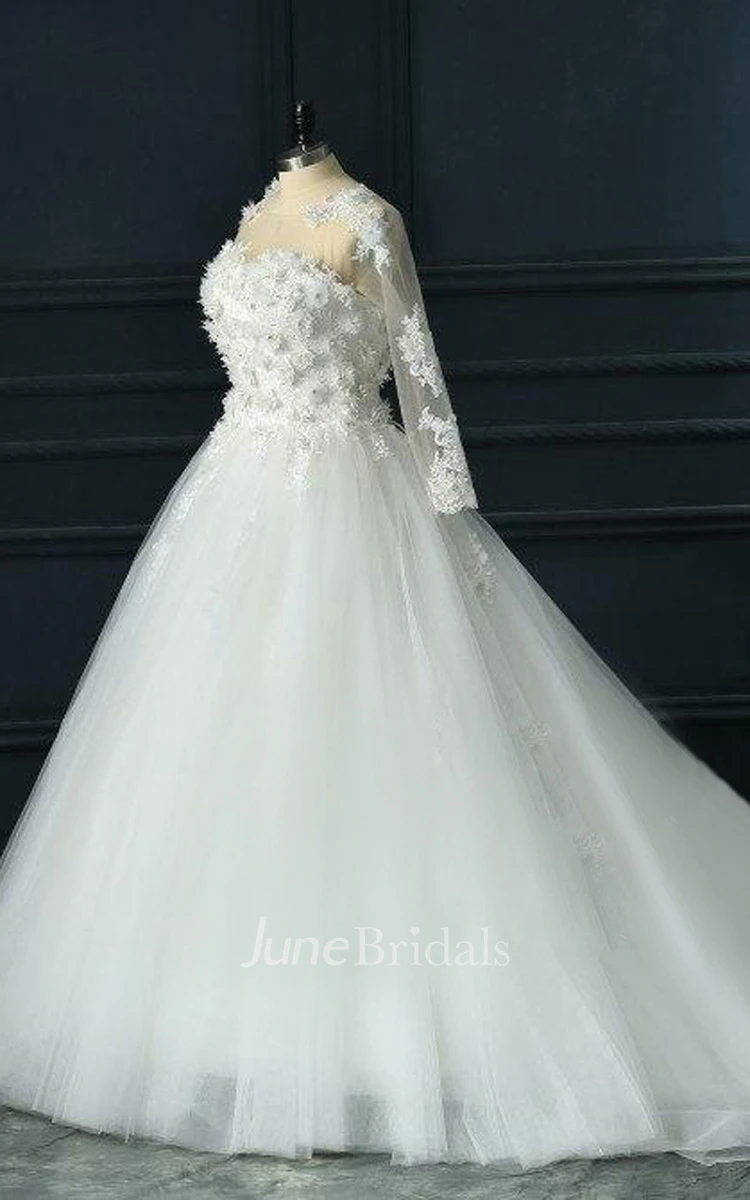 Long Sleeve Tulle Lace Satin Dress With Flower Illusion