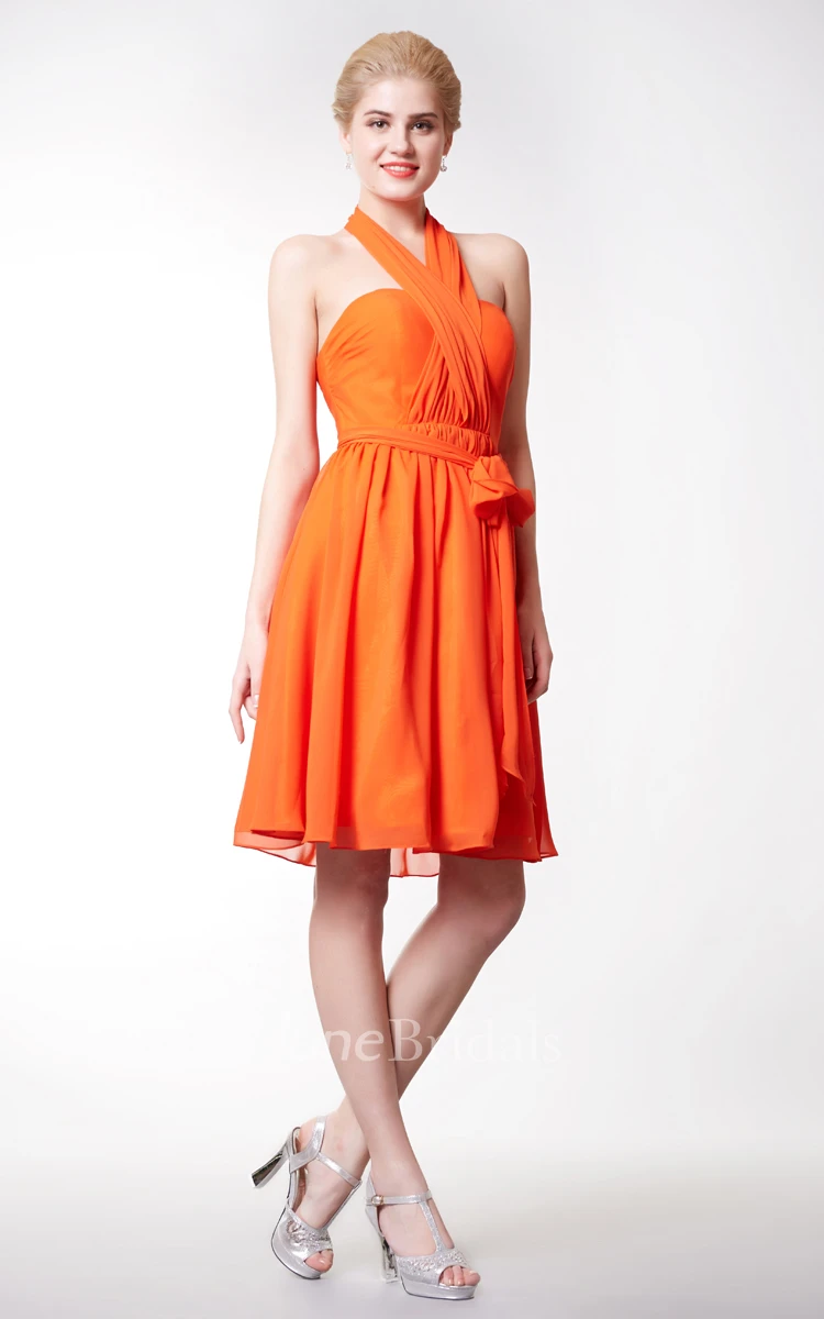 Sexy Halter Neck Empire Short Chiffon Dress With Bow