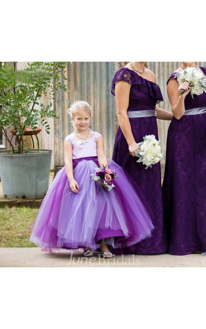 Lovely Tulle Princess Bowknot Flower Girl Dress Cap Sleeve