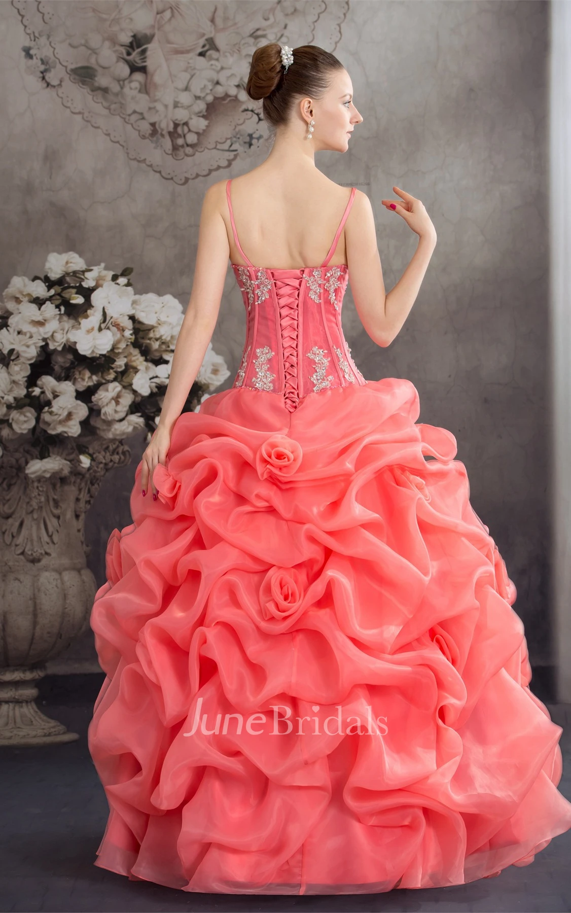 Spaghetti-Strap Ruffled Ball Gown with Appliques and Spaghetti-Straps