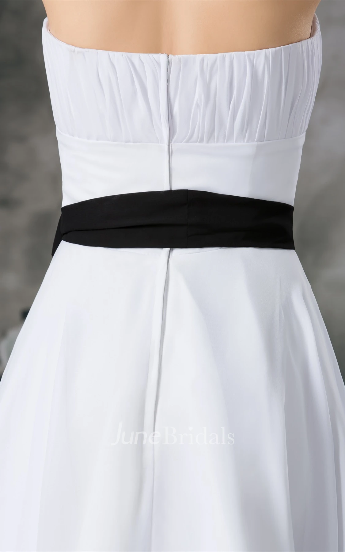 Strapless Chiffon Knee-Length Dress with Ruching and Ribbon