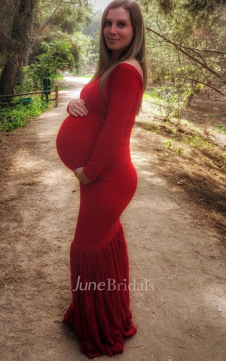 Mermaid Bell Sleeve Lace&Jersey Maternity Dress