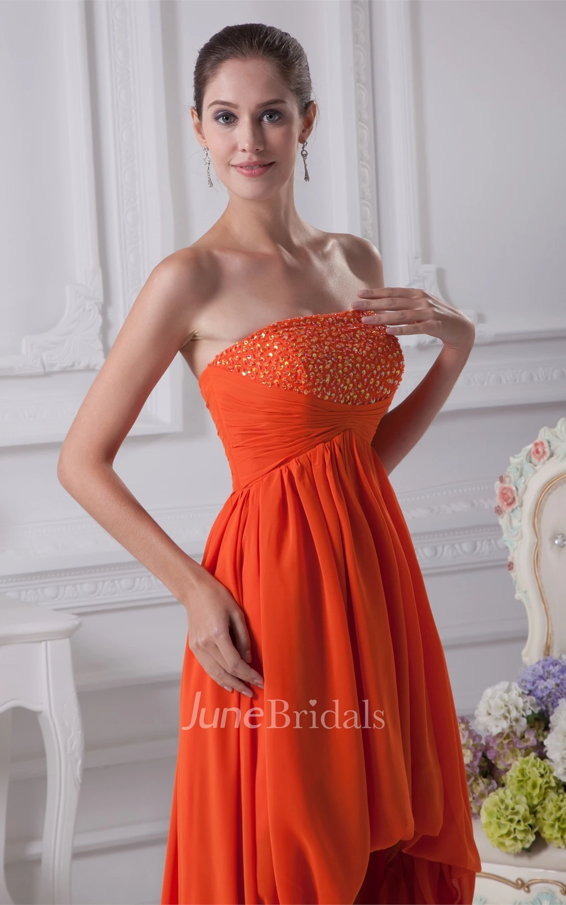 Strapless Gemmed High-Low Chiffon Dress with Pleats