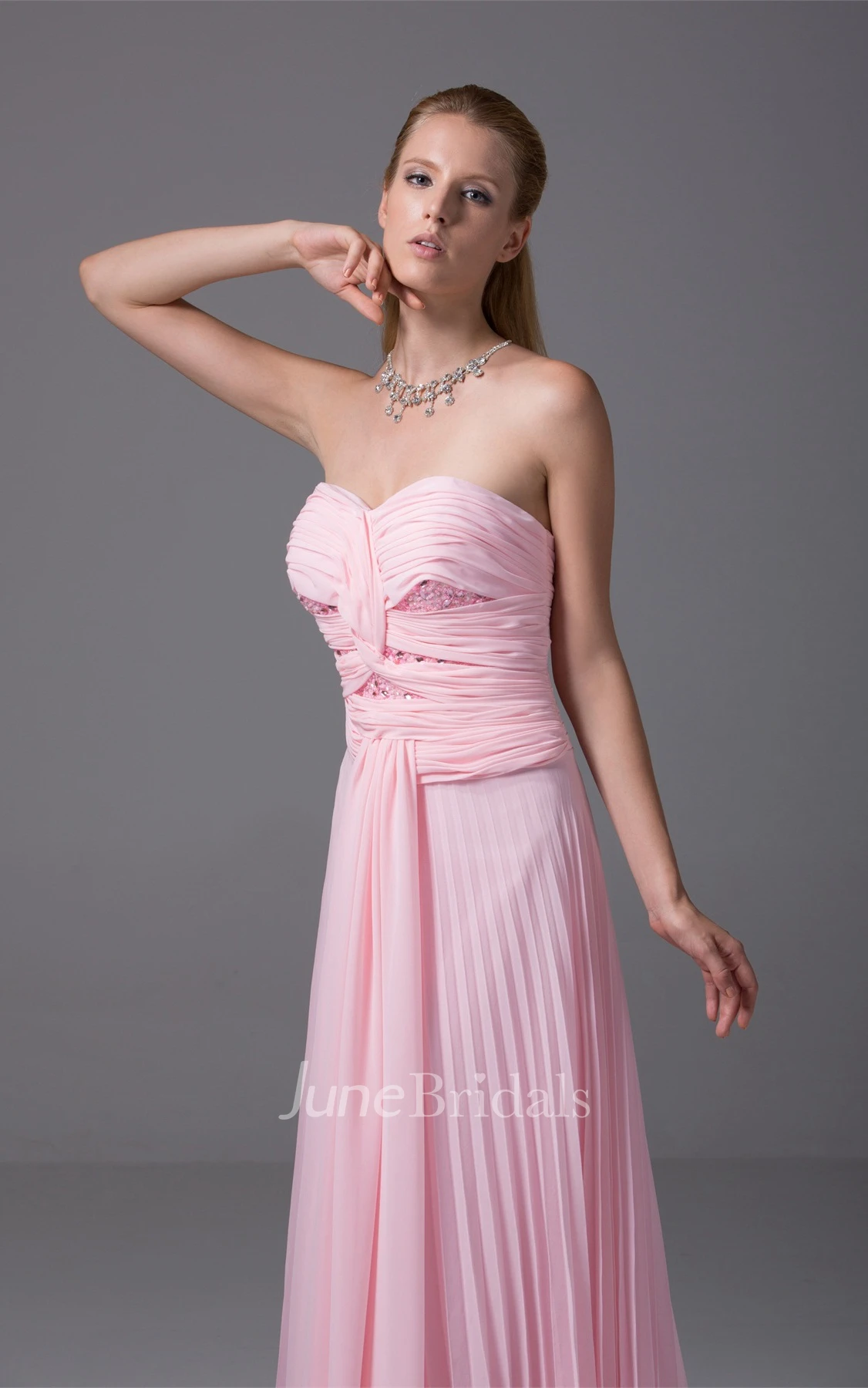 Chiffon Sweetheart Pleated Long Dress with Ruching and Beading