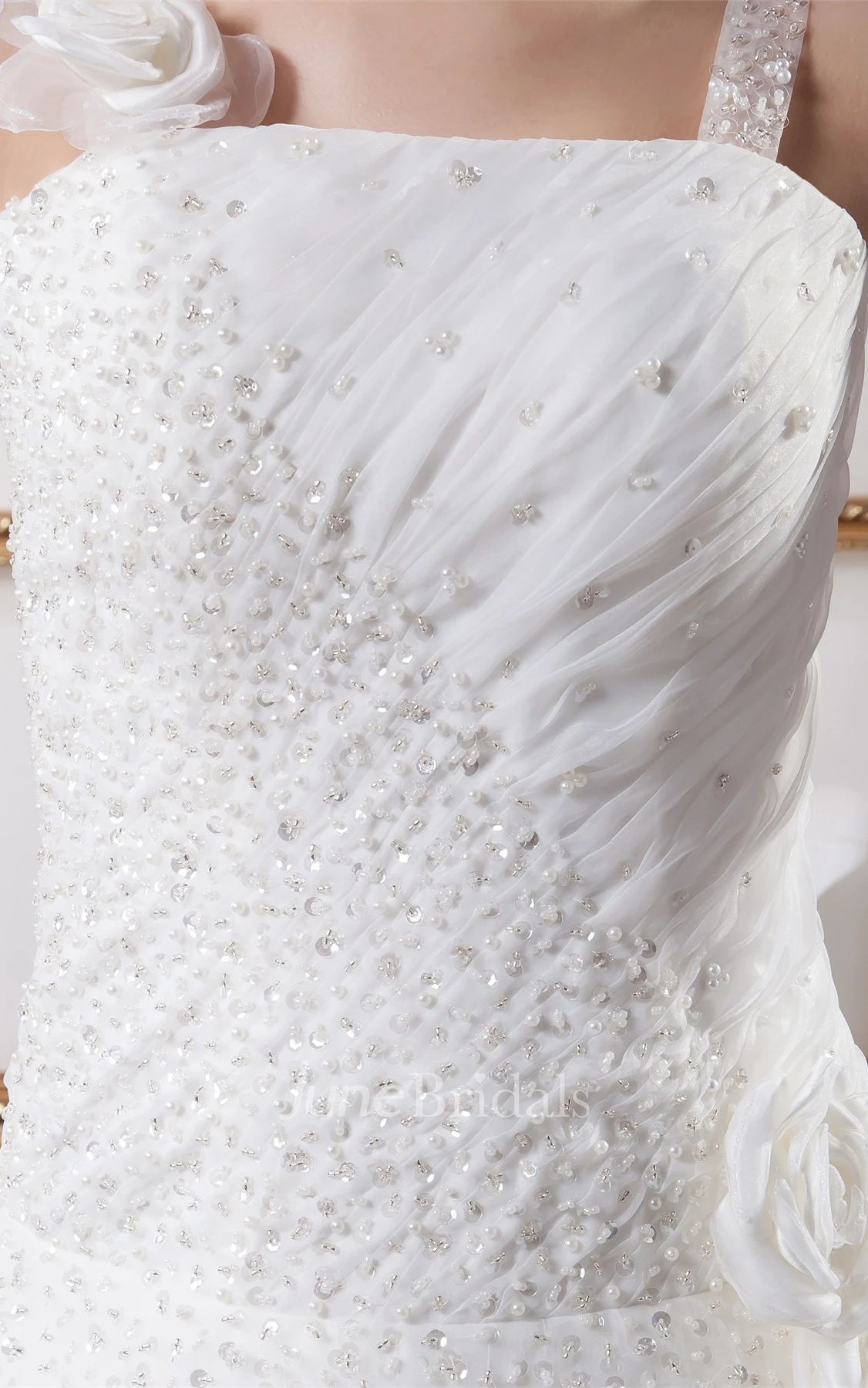 Sleeveless Tulle A-Line Gown with Flower and Gemmed Top