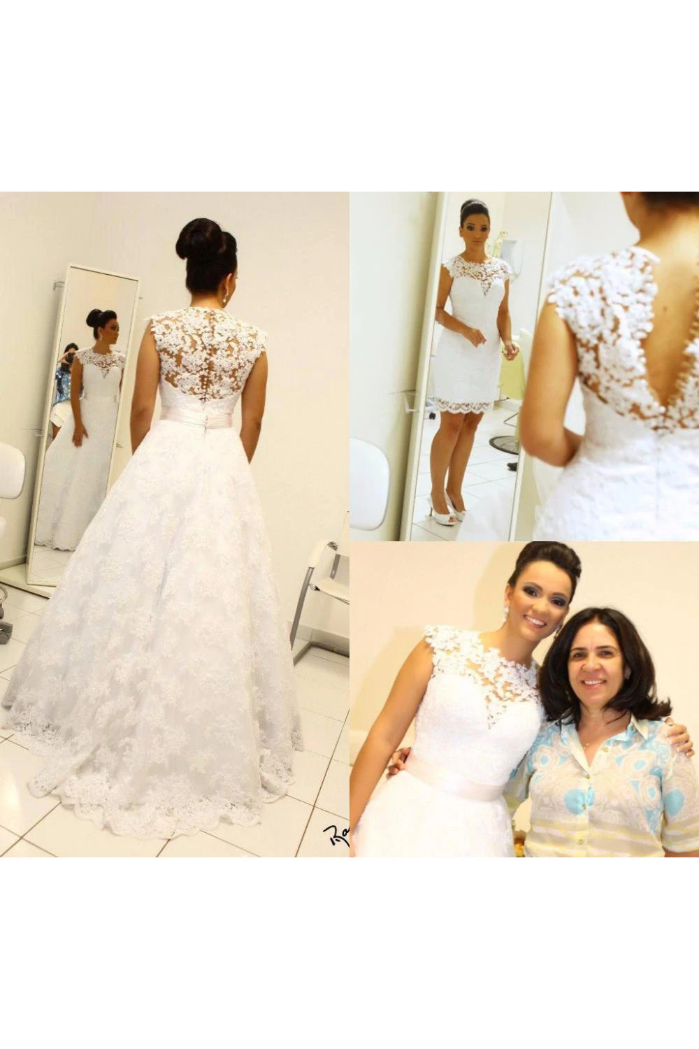 Vintage A Line Detachable Train Sheer Neck Bridal Gown