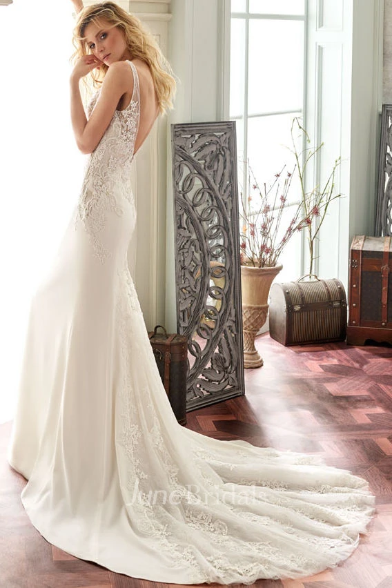 V-Neck Maxi Appliqued Chiffon Wedding Dress With Sweep Train And V Back