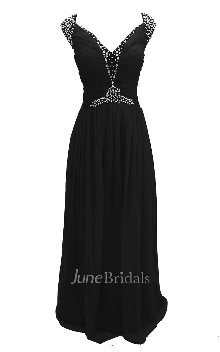 Cap-sleeve V-neck Chiffon A-line Gown With Crystal Detail