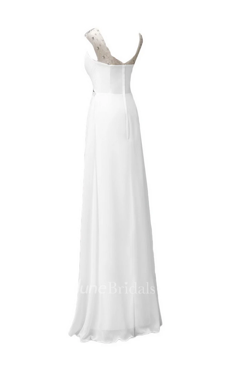 Sleeveless Long Ruffled Chiffon Dress With Beaded Neck