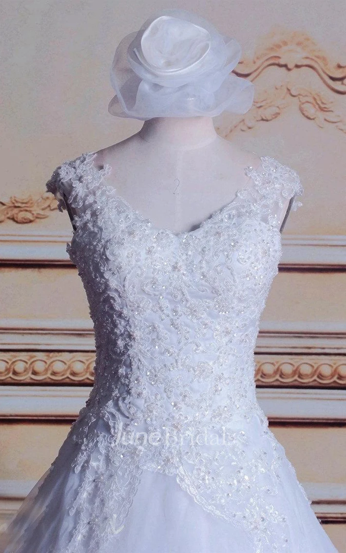 Ball Gown V-Neck Sleeveless Lace Dress With Illusion Back And Court Train