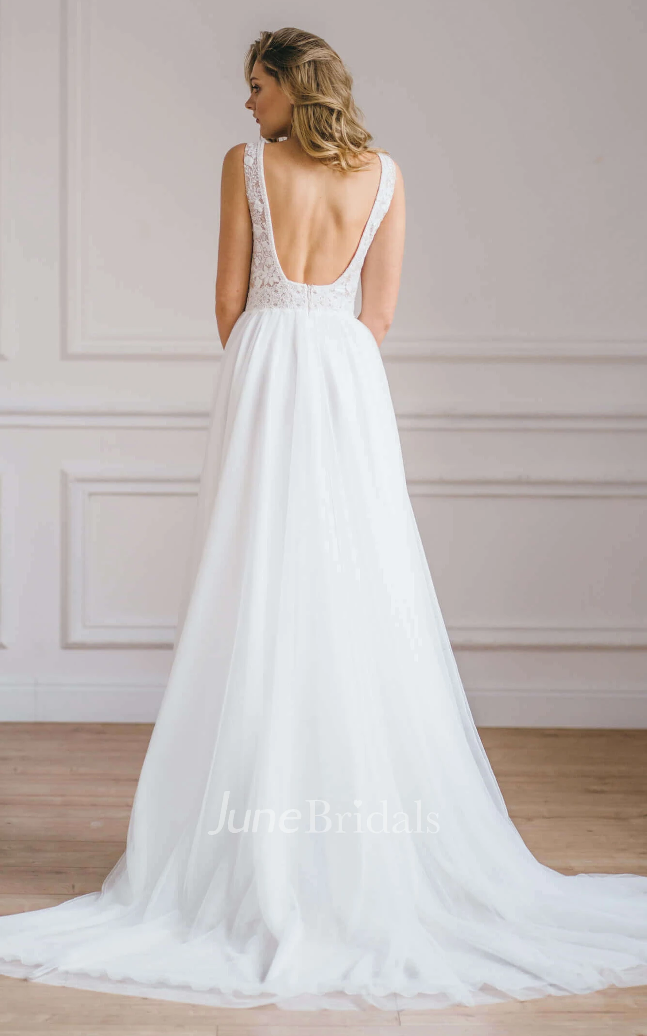 Ethereal Floor-length Train Sleeveless Lace A Line Open Back Wedding Dress