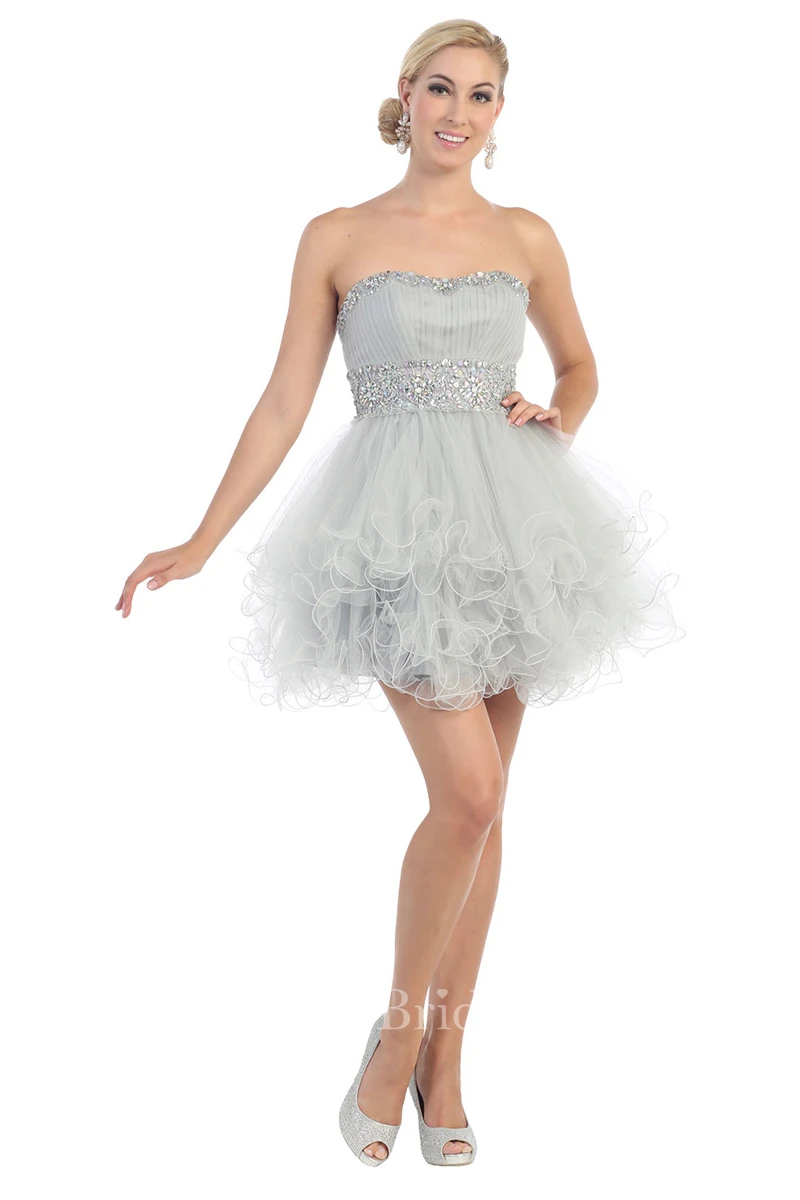 A-Line Short Strapless Tulle Lace-Up Dress With Ruffles And Waist Jewellery