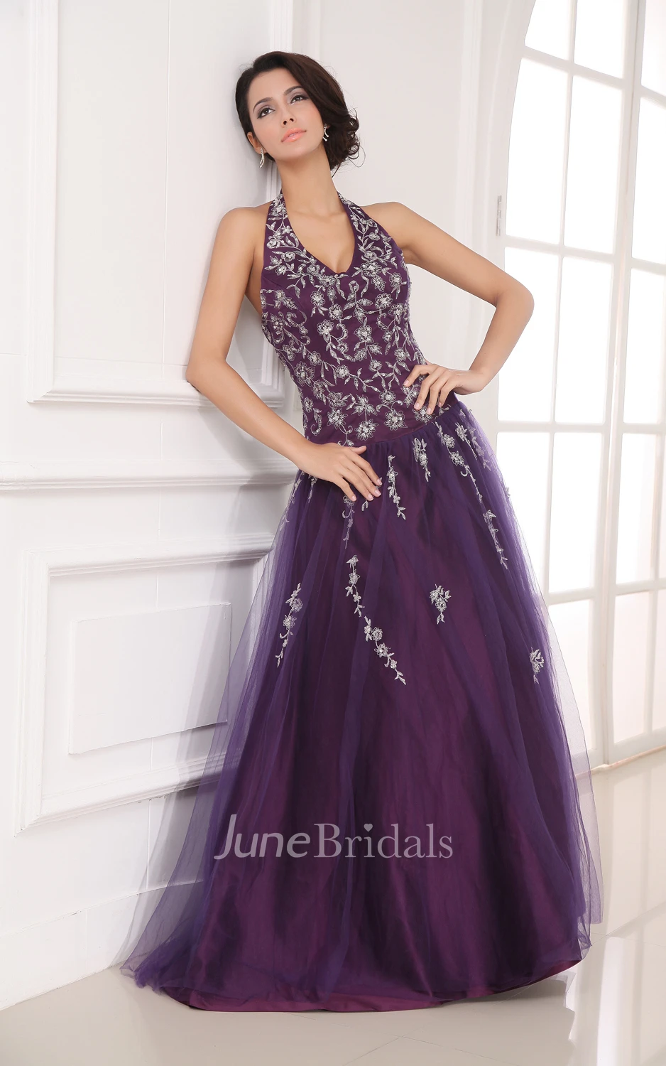 V-Neck A-Line Deep Dress With Laces And Soft Tulle