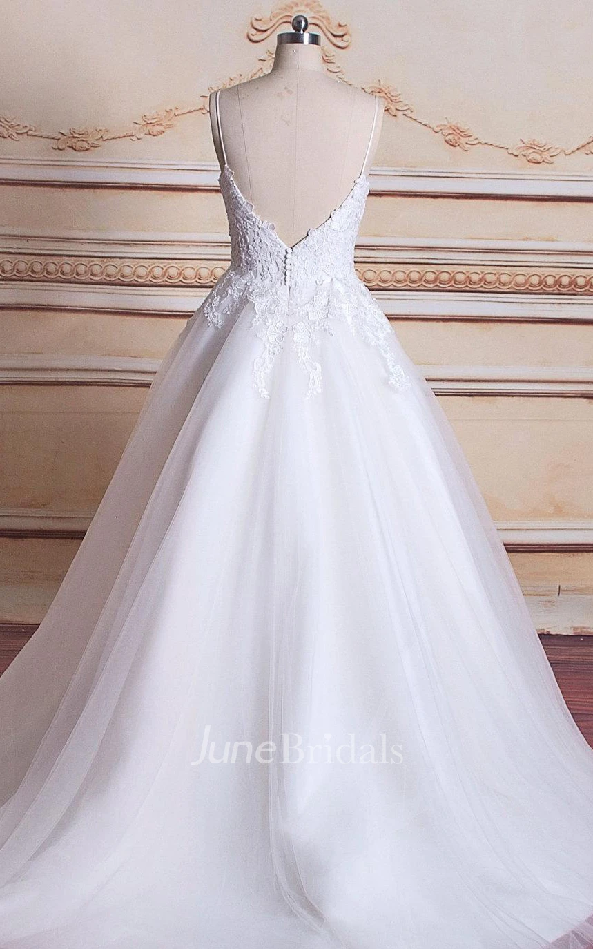 Spaghetti Strapped Tulle Lace Satin Weddig Dress