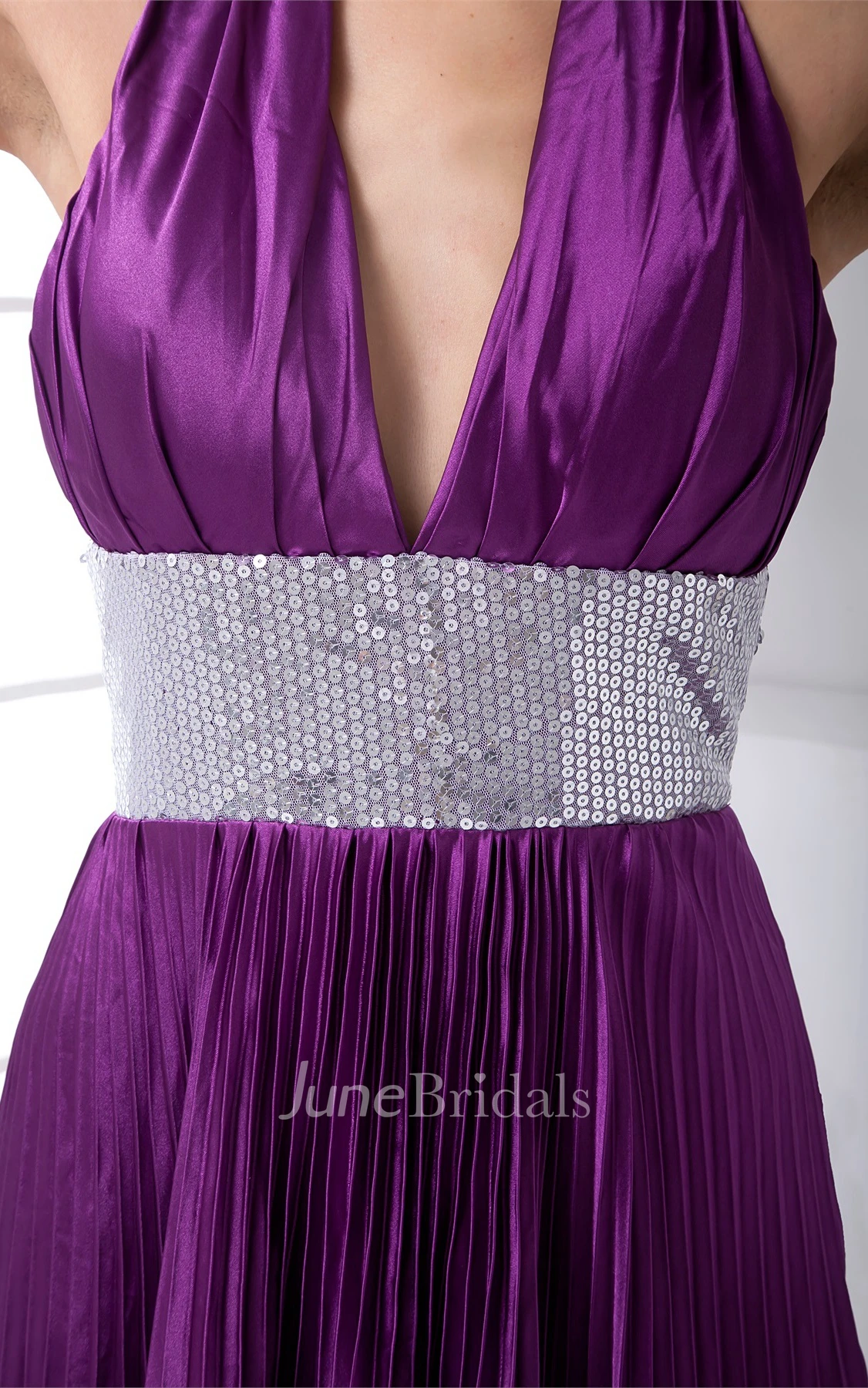 plunged sleeveless floor-length pleated dress with sequined waist