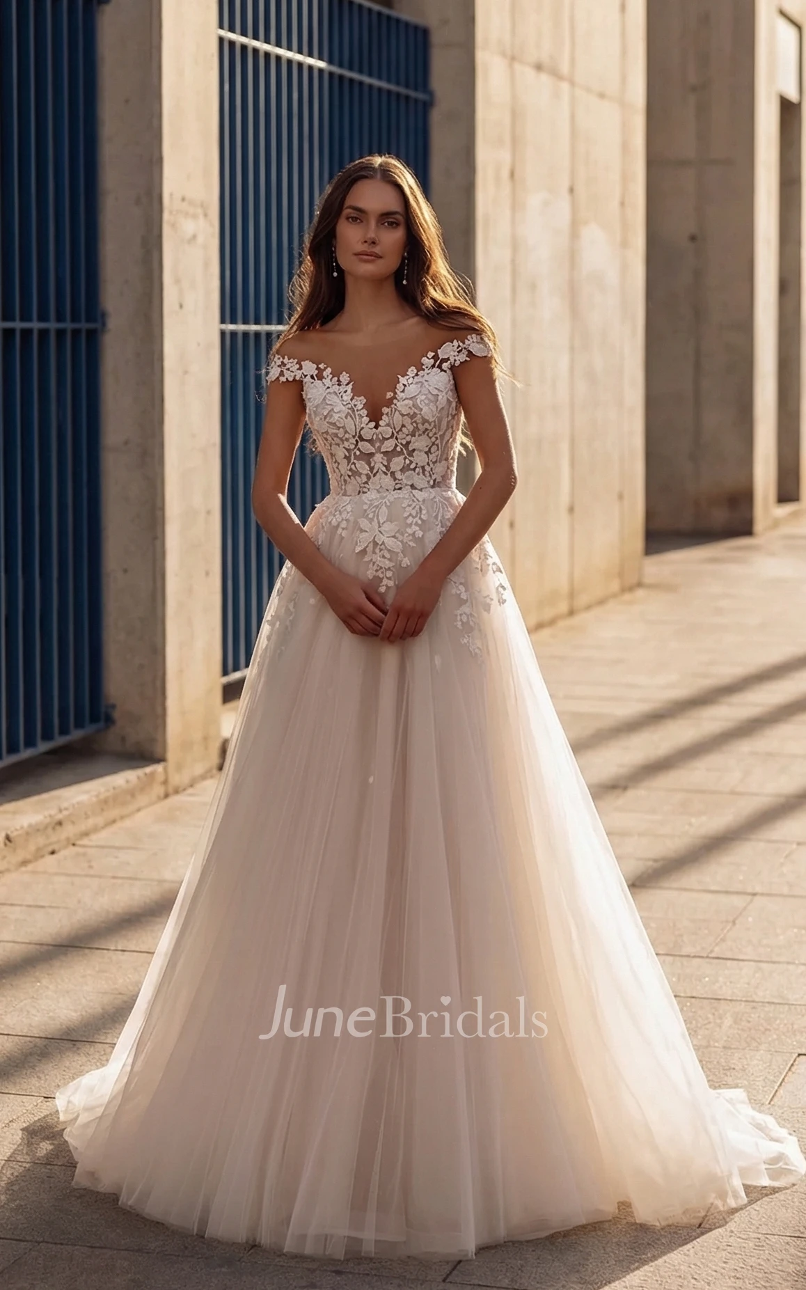 3D Floral Lace A-Line Wedding Dress Cap Sleeve V-Neck Illusion Bodice Tulle Bridal Gown