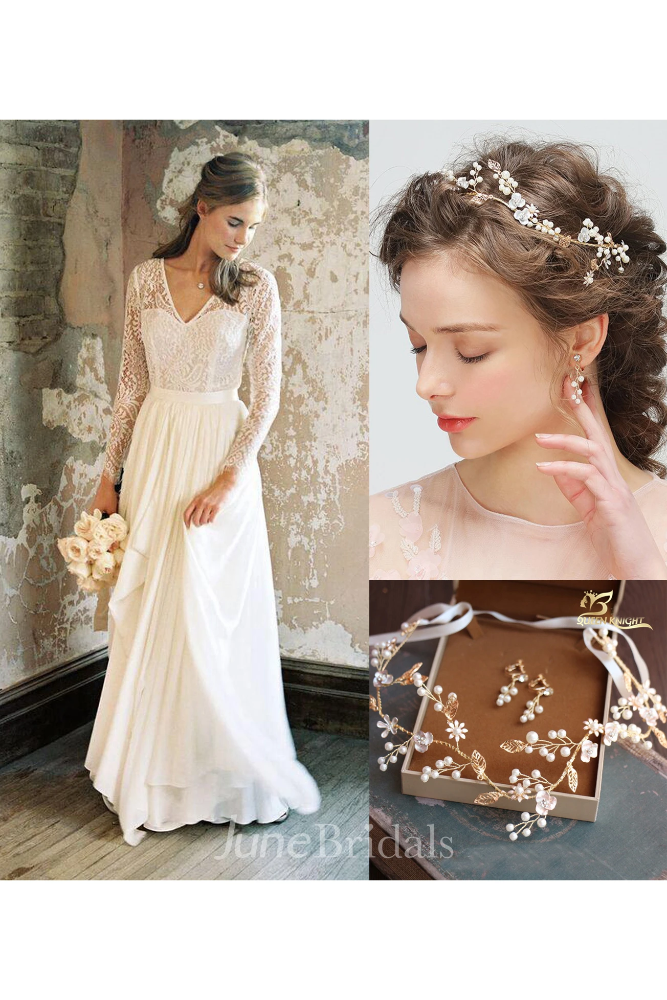 V-Neck Illusion Long Sleeve Dress and Exquisite Hand-flower Vine Pearl Hair With Ear Clip Set