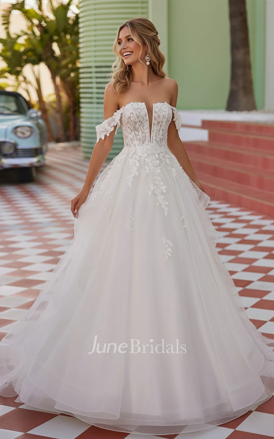 A-Line Off Shoulder Lace Wedding Dress Elegant Plunge Neck Tulle Bridal Gown with Court Train
