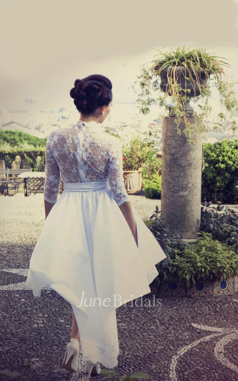 High-Neck Half Sleeve High-Low Satin Wedding Dress With Ruching And Bow