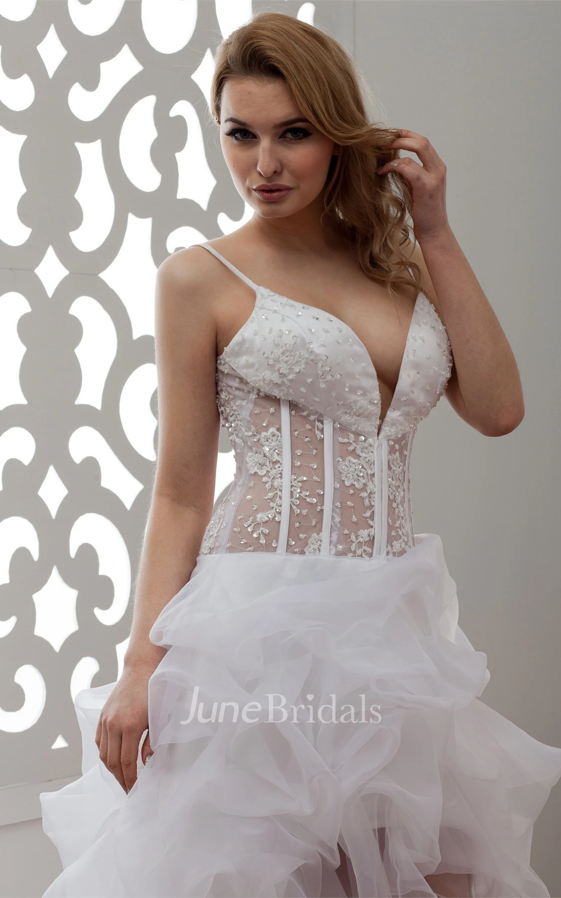 Plunged Spaghetti-Strap Front-Split Dress with Appliques and Illusion Waist