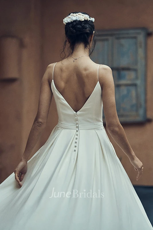 Simple Chiffon Spaghetti Deep-V Back Bridal Gown with Pocket