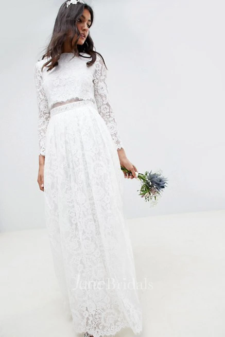 Simple Lace Two Piece Jewel-neck Long Sleeve Wedding Dress