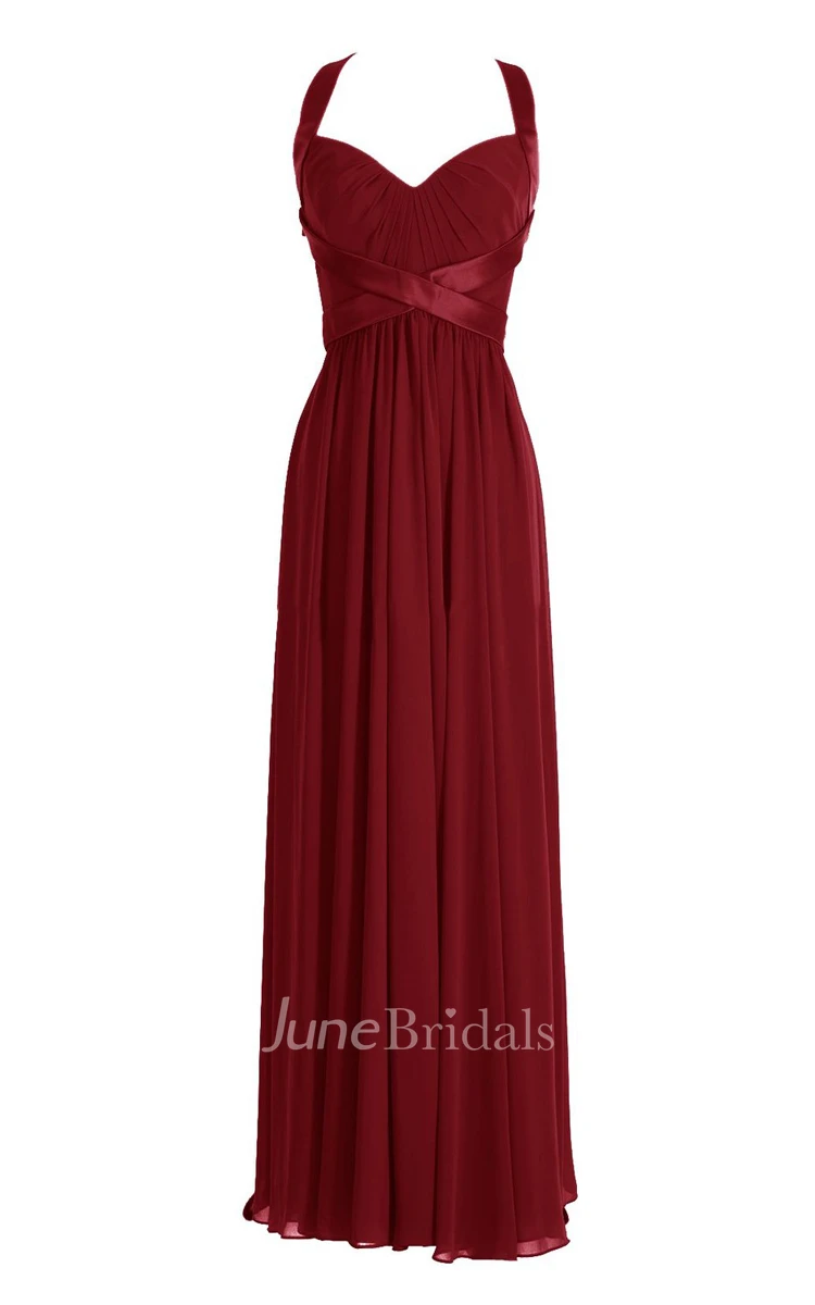 Halter Pleated Chiffon A-line Gown With Deep-v Back