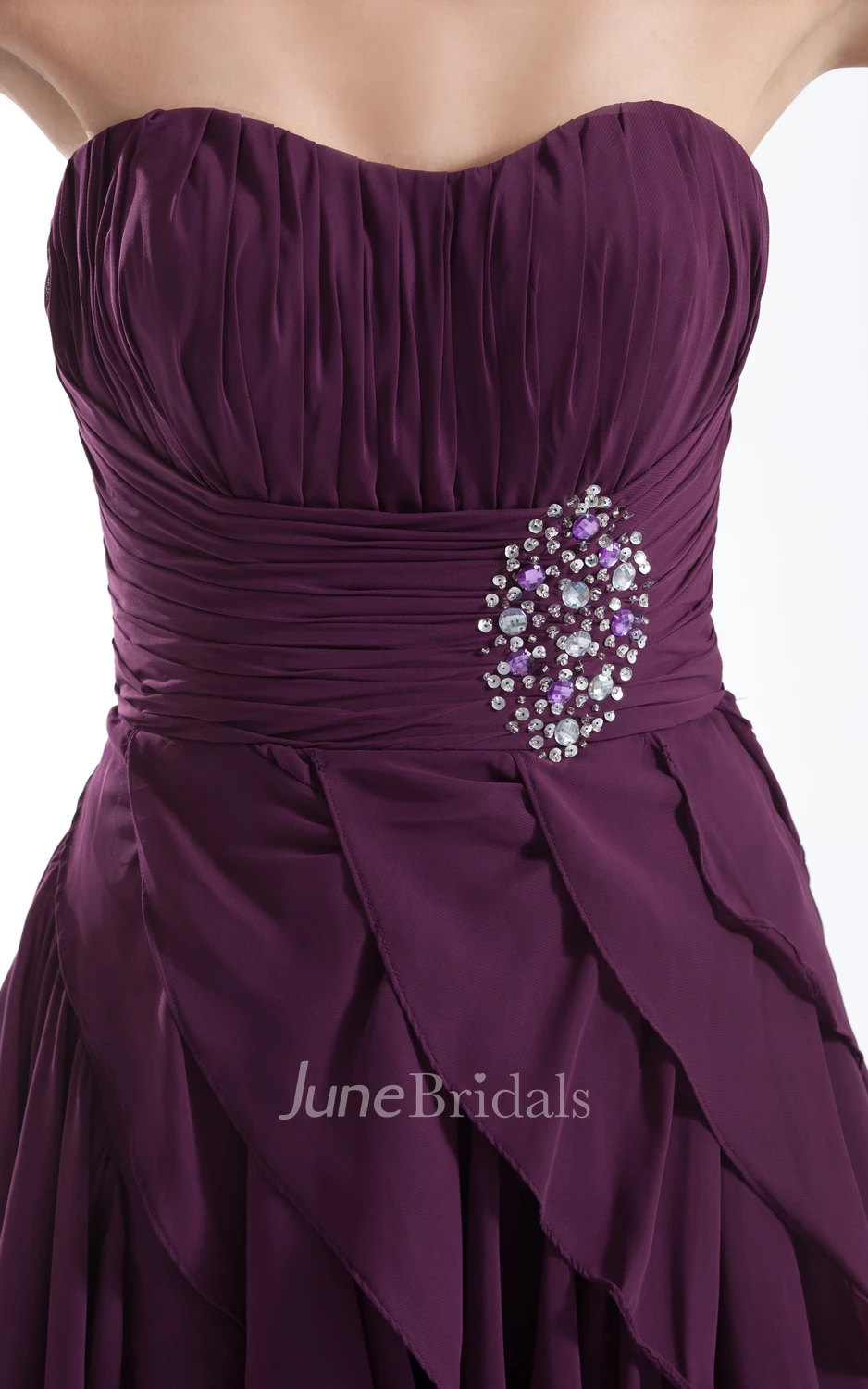 Sweetheart Sleeveless High-Low Dress With Crystal Detailing And Cascading Ruffles